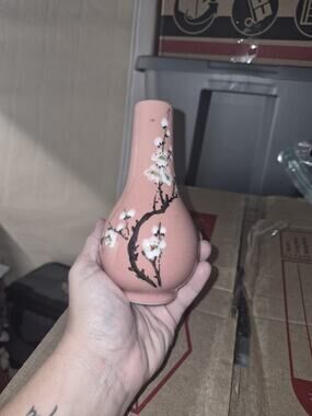 Unmarked Hand Painted Pink Ceramic Floral Vase, Asian, Signed 梅吐清香